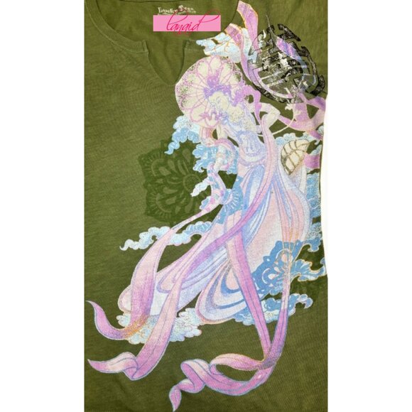 Lucky Asian Chinese Oriental V-Neck Guanyin Goddess Olive Distressed Edgy Tee XS - Picture 6 of 9